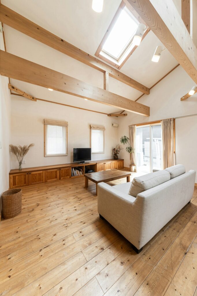 Living room of a house where the sun shines through the skylight